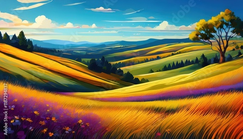 Vivid Rolling Hillscapes Lush Greenery, Majestic Trees, and a Radiant Sky Dance in this Expressive Landscape Painting, Capturing the Essence of Serene Natural Beauty. photo