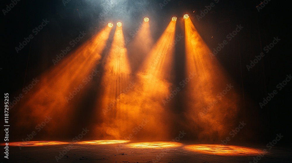 Naklejka premium Three orange stage spotlights with smoke.