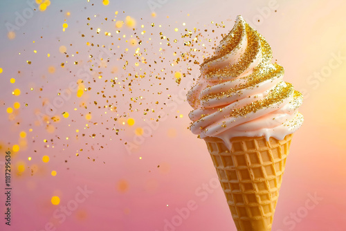 An ice cream cone with gold glitter on top photo