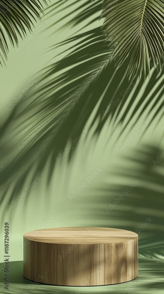 Natural wooden product display podium on green background with tropical palm leaf shadows creating elegant minimalist composition for cosmetic presentation Natural wooden product display podium on green background with tropical palm leaf shadows creating elegant minimalist composition for cosmetic presentation