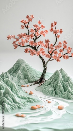 Artistic paper craft landscape featuring a delicate cherry blossom tree with coral-colored flowers against mint green mountains, with a winding river and fallen petals creating depth.