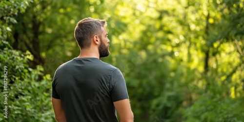 A solitary man stands in a verdant forest, contemplating life as sunlight filters through the trees, representing introspection and the pursuit of peace in a fast-paced world.