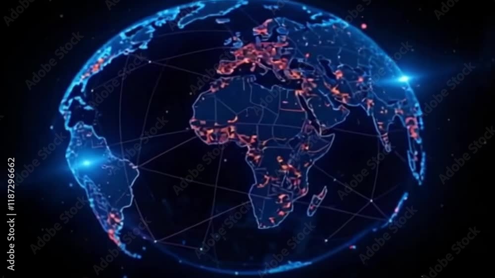 globe with maps of continents with glowing lines denoting state and country borders. concept of global network and its connectivity, data transmission and cyber technology, information exchange globe with maps of continents with glowing lines denoting state and country borders. concept of global network and its connectivity, data transmission and cyber technology, information exchange