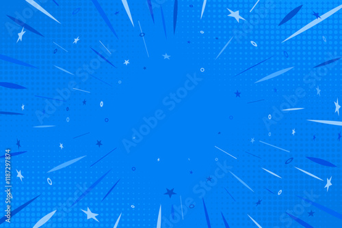 Blue Pop Art Comic Style Background. Cartoon anime halftone style background with stars and decorations for retro cover, ad, banner, websites