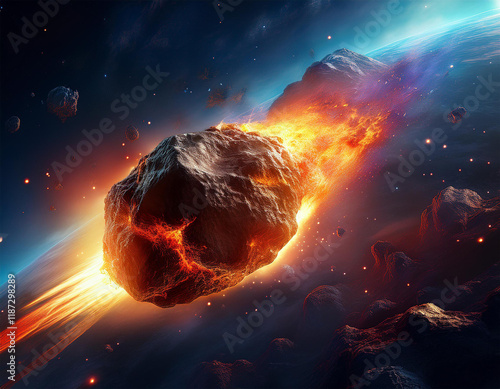 a huge gigantic burning asteroid in space flying towards the planet earth meteorite photo