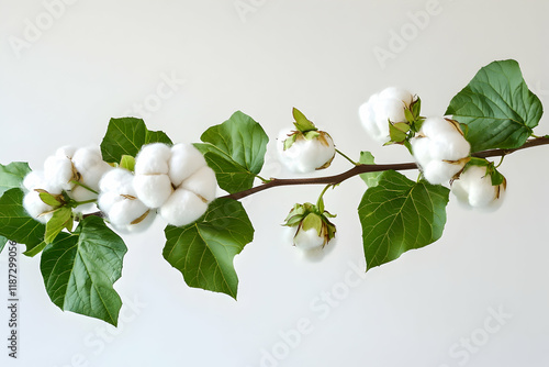 Close-up view of white cotton bolls on a branch with green leaves showcasing natural softness