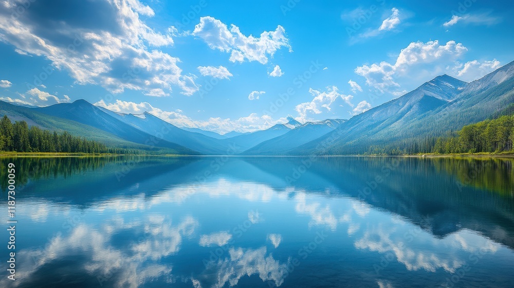 Alpine lake with rugged mountains and dramatic sky reflections Alpine lake with rugged mountains and dramatic sky reflections