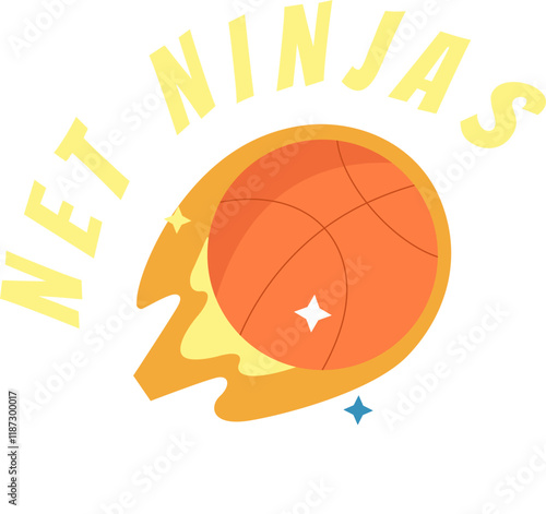 the text NET NINJAS arched above a stylized basketball that appears to be on fire or moving at high speed The basketball has a few sparkles around it adding a dynamic and energetic feel to the design