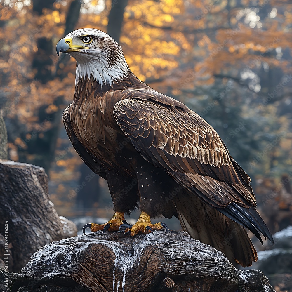 Obraz premium Bald eagle intense gaze standing in snowy forest scene high resolution hd picture