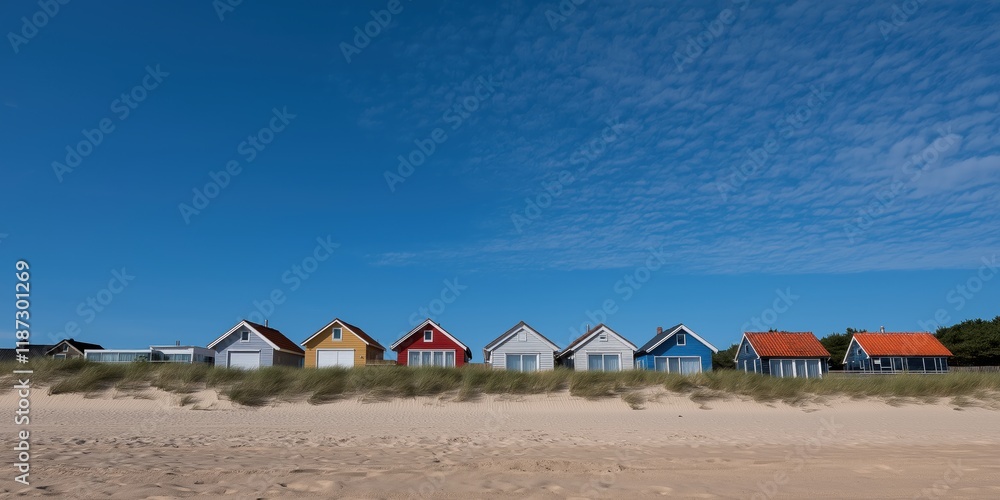 Colorful beach houses align under a bright blue sky, showcasing coastal living and a cheerful, relaxed atmosphere at a beach destination. Colorful beach houses align under a bright blue sky, showcasing coastal living and a cheerful, relaxed atmosphere at a beach destination.