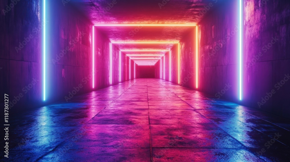 Neon light tunnel with pink and blue glow. Neon light tunnel with pink and blue glow.