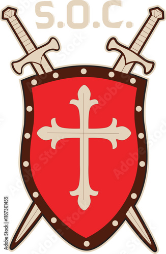 red shield with a beige cross in the center, bordered by a brown outline with silver rivets. Two swords are crossed behind the shield. The letters 'S.O.C.' are written in beige at the top.