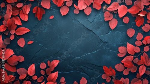 Vibrant red leaves framing a textured dark blue background, perfect for seasonal themes. photo