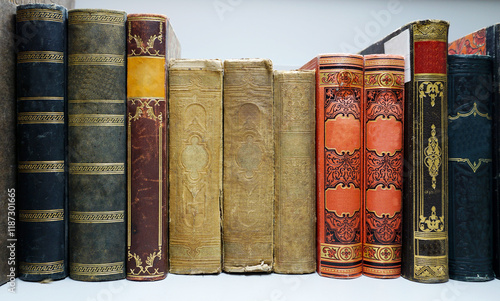 Fotografi Antique and very valuable books lined up on a shelf