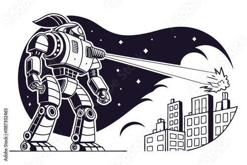 giant mechanical beast firing laserbeam at the top of the city, night, dark sky, glowing lights