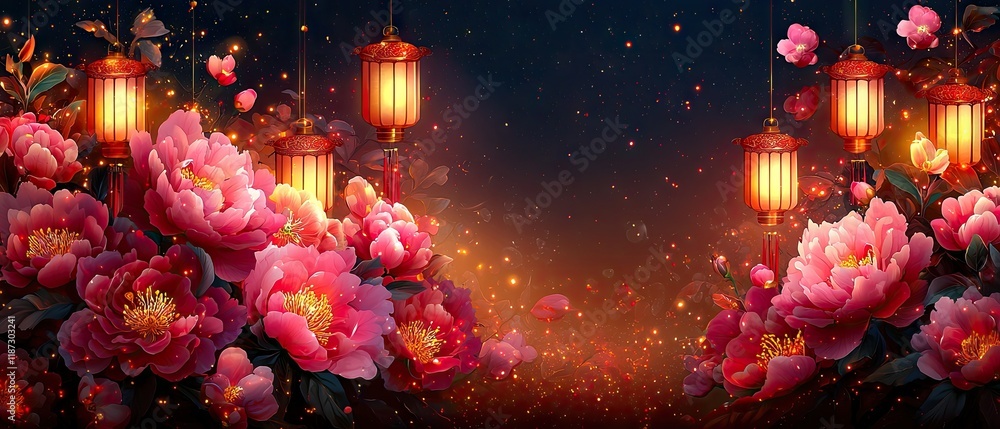 Glowing lanterns and pink peonies at night, festive background. Glowing lanterns and pink peonies at night, festive background.