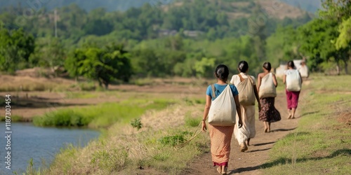 A group of women walking along a path by a river, each carrying heavy loads. The image embodies strength, resilience, and the connection between community and labor in everyday life. photo