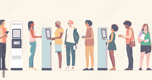 A diverse group of people are using self-service kiosks, showcasing modern technology and public accessibility.