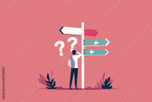 A businessman stands at a crossroads, hand on head, contemplating which path to take, symbolizing decision-making challenges.