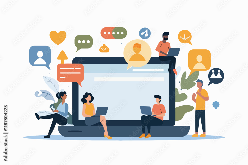 Illustration of people interacting with digital devices, surrounded by icons representing online communication and collaboration. Illustration of people interacting with digital devices, surrounded by icons representing online communication and collaboration.