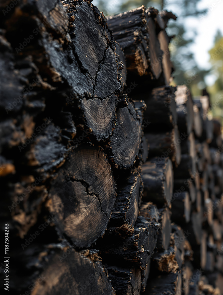 Fototapeta premium Professional macro shot of blackwood logs stacked together, highlighting the intricate bark texture and natural wood patterns