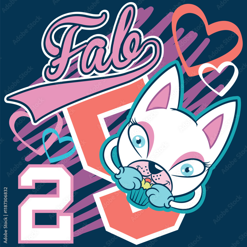 Fototapeta premium Cute cat with big eyes eating a muffin around flowers, clouds and a big rainbow, celebrating the joy of happiness, texts and hearts with doodle effects in trendy colors.