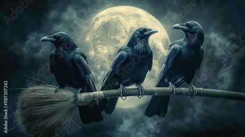 Three black ravens perched on a broomstick under a full moon at night. (1)