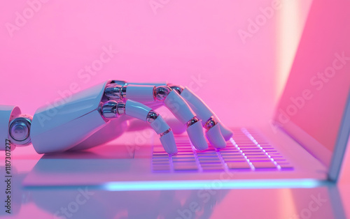 Close-up of an AI robot hand typing on a keyboard, symbolizing artificial intelligence in action