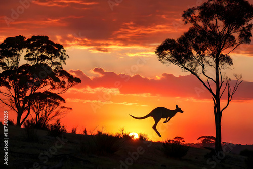 Kangaroo leaping at sunset in scenic Australian landscape photo