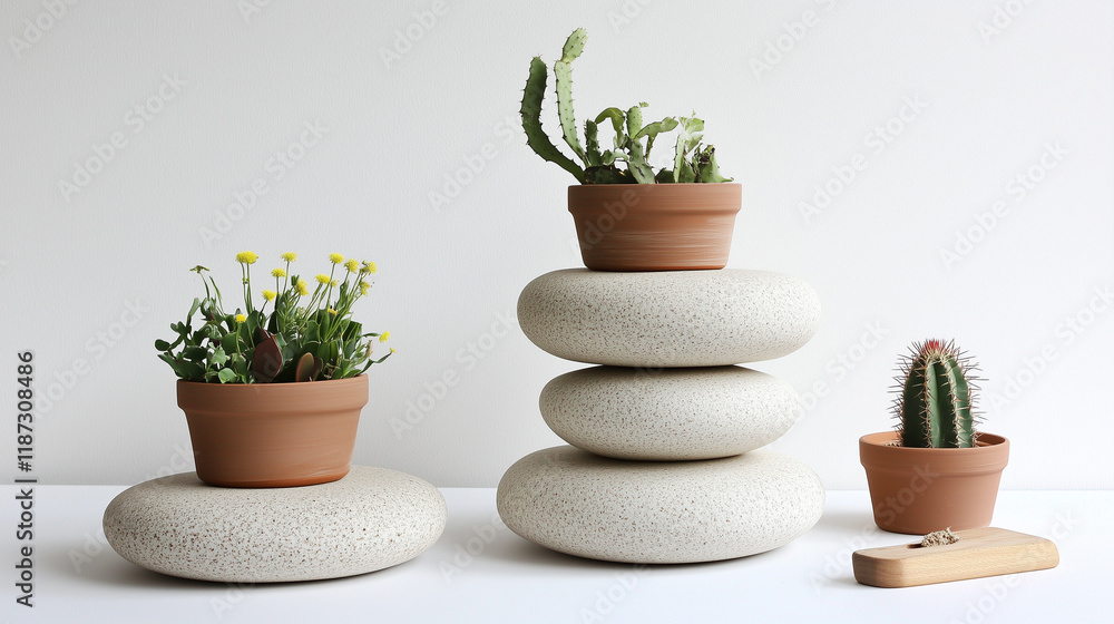  Cactus Display with Terracotta Pots and Chopped Cactus on a Rock Counter