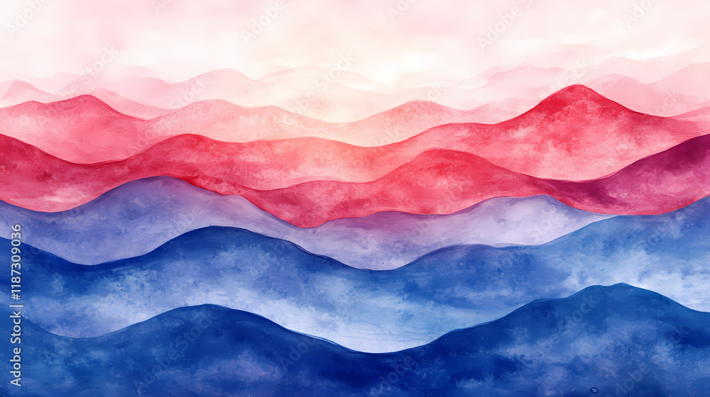 Abstract background. alligoric landscape. sky sea mountains. smooth wavy lines. gradient from red to blue. hand-drawn watercolor illustration. Sundrift. Illustration Abstract background. alligoric landscape. sky sea mountains. smooth wavy lines. gradient from red to blue. hand-drawn watercolor illustration. Sundrift. Illustration