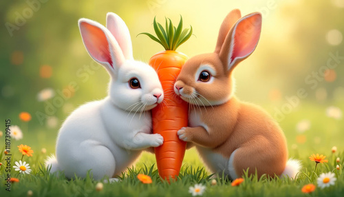 Two lovely rabbits holding carrot in paws in summer, scene bright and cheerful, playfulness and innocence