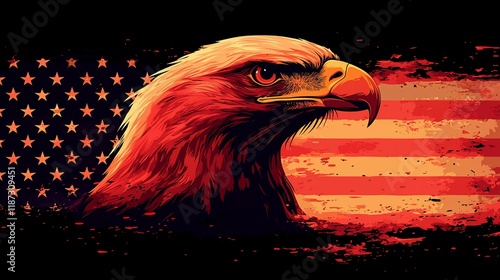 Fierce eagle head against distressed American flag.