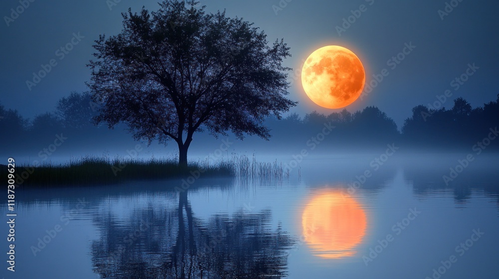 Orange moonrise over misty lake reflecting in water with lone tree. Orange moonrise over misty lake reflecting in water with lone tree.