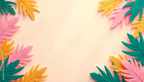 Wallpaper Mural Colorful tropical summer border with yellow, green and pink leaves on beige background with space for text Torontodigital.ca