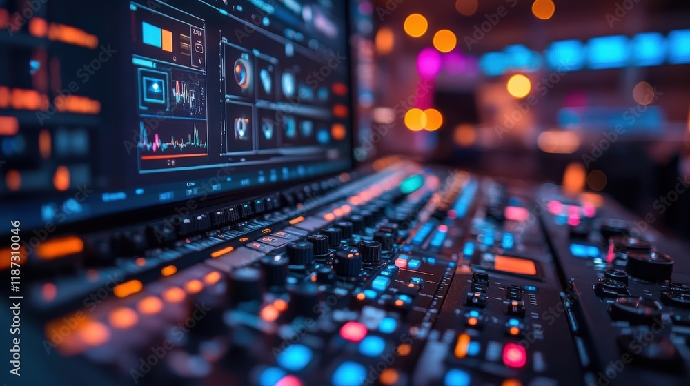 Naklejka premium Control Center With Digital Displays and Colorful Buttons During an Event. Generative AI