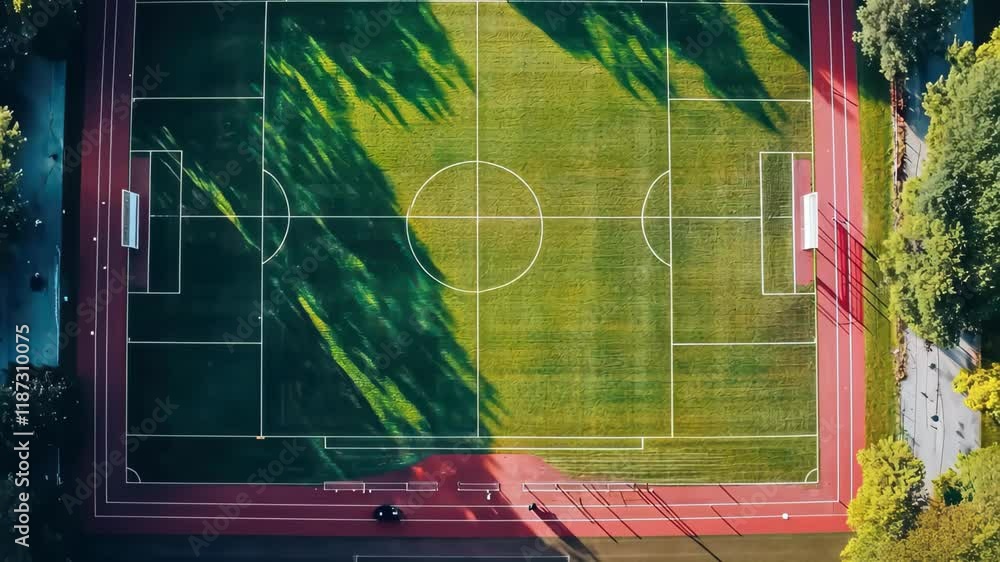 Stunning aerial view of youth soccer game on green sports field during sunny afternoon, Drone youth sports video Stunning aerial view of youth soccer game on green sports field during sunny afternoon, Drone youth sports video