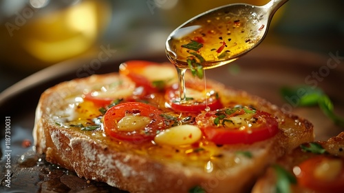 Freshly toasted bread is topped with slices of pepperoncini and drizzled with spicy honey, capturing a delightful culinary moment in soft natural light. photo