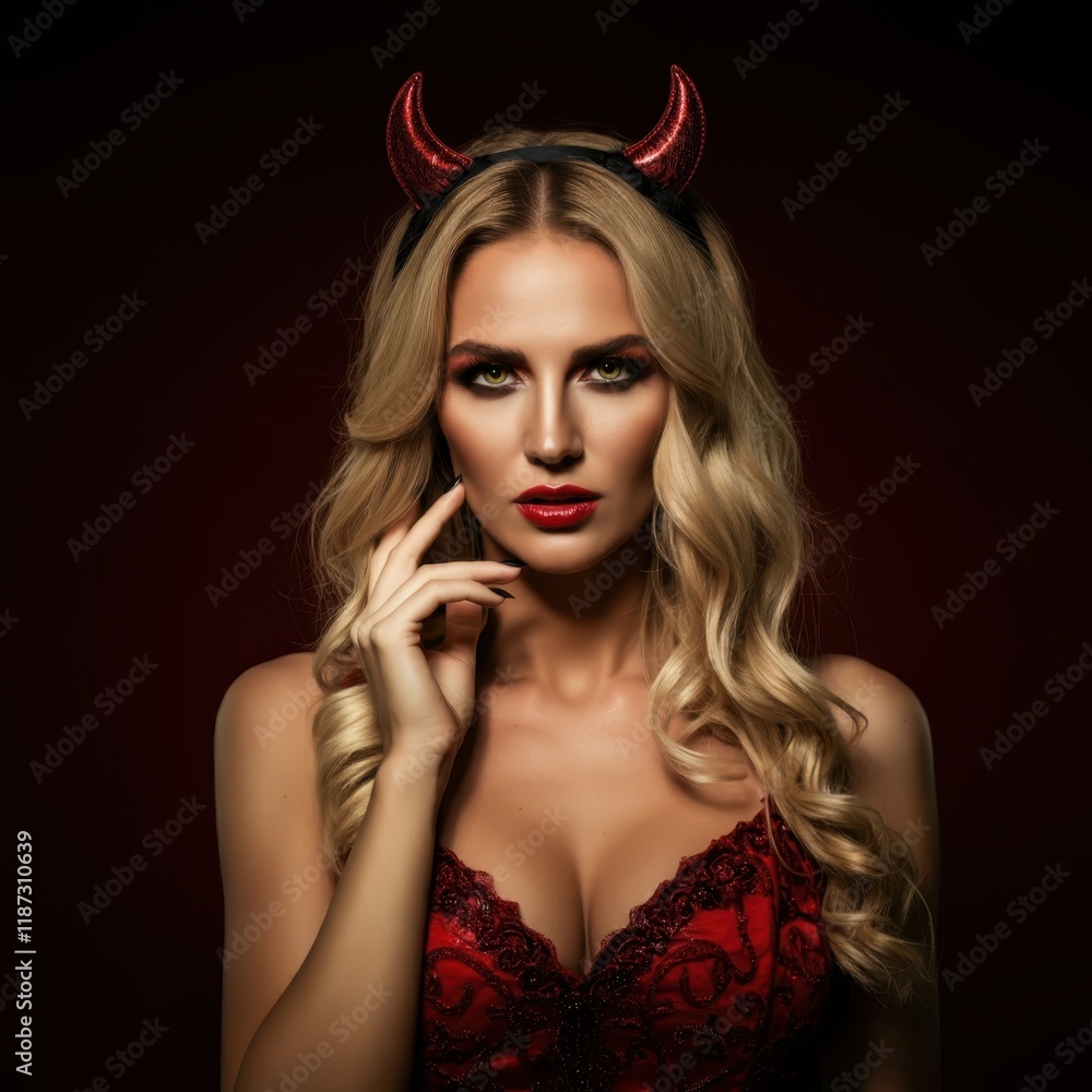 Dark atmosphere, devilish woman, red horns, long wavy brunette hair, smoky eye makeup, red lipstick, black lace gloves, low-cut top, dramatic lighting, intense gaze, seductive expression, gothic aesth Dark atmosphere, devilish woman, red horns, long wavy brunette hair, smoky eye makeup, red lipstick, black lace gloves, low-cut top, dramatic lighting, intense gaze, seductive expression, gothic aesth