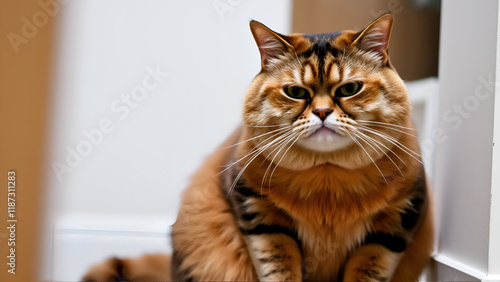 Fat cat with a displeased expression sitting and looking at the camera, overweight, unhappy, grumpy, pet photo