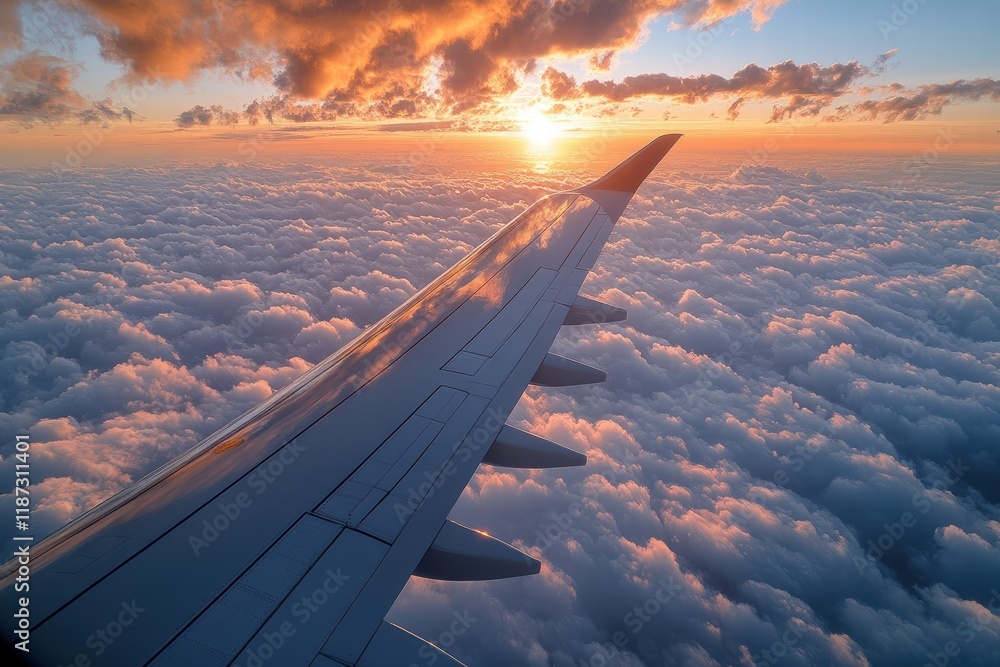 Obraz premium View from a porthole showing airplane wing above fluffy clouds at sunset