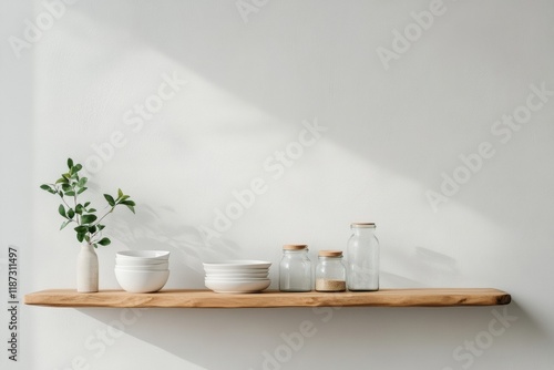 Minimalism Shelf Display in a Minimalist Kitchen with White Dishes and Glass Jars, Emphasizing Minimalism and Clean Aesthetics photo