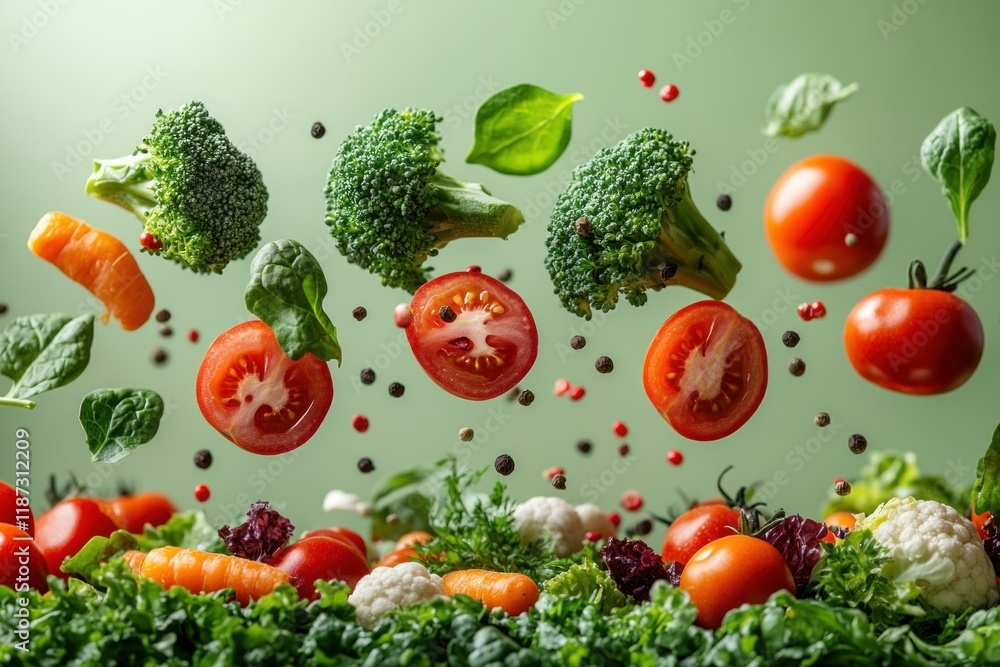 Fresh vegetables in mid-air, showcasing their vibrant colors and unique shapes, create an eye-catching and energetic composition Fresh vegetables in mid-air, showcasing their vibrant colors and unique shapes, create an eye-catching and energetic composition