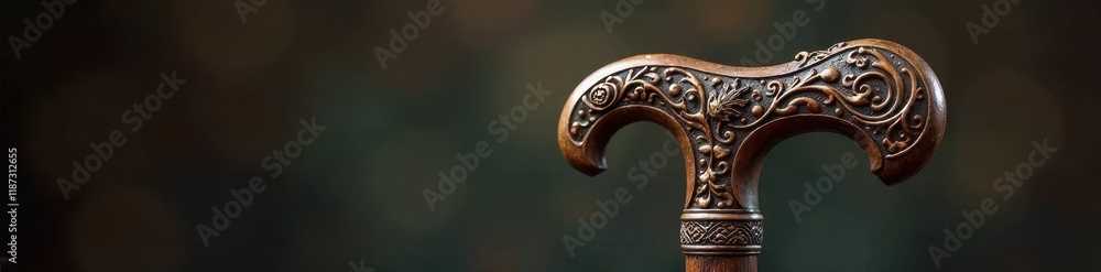 Antique walking stick, close-up, intricate carvings, rich tones, refined, rural Antique walking stick, close-up, intricate carvings, rich tones, refined, rural