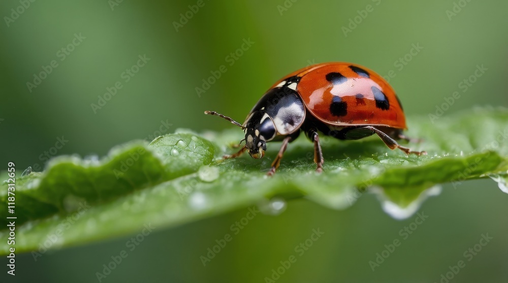 Red ladybug on a green leaf, close-up, macro photo Red ladybug on a green leaf, close-up, macro photo
