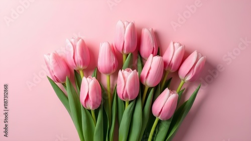 Wallpaper Mural Banner, background with bouquet of pink tulips flowers on pastel pink background with space for text. Flat plan, top view. Concept of Valentine's Day, Easter, Birthday, congratulations on Women's Day Torontodigital.ca