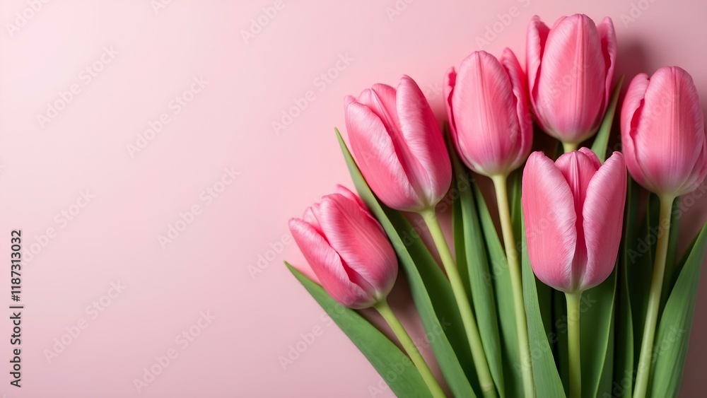 Bouquet of pink tulip flowers on pastel pink background with space for text. Flat plan, top view. Concept Valentine's Day, Easter, Birthday, congratulations on Women's Day, Mother's Day. Bouquet of pink tulip flowers on pastel pink background with space for text. Flat plan, top view. Concept Valentine's Day, Easter, Birthday, congratulations on Women's Day, Mother's Day.