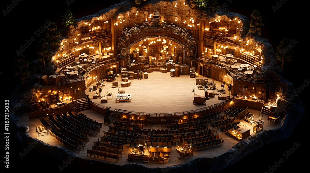 Obraz premium Illuminated cave theater model, detailed interior, stage, seating.