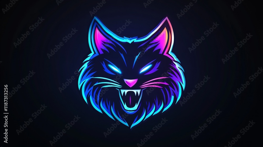 Fototapeta premium Neon cat head illustration. Glowing colors on black background. Cool design.