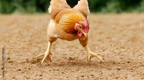 A light brown rooster pecking at the ground in a farmyard. photo